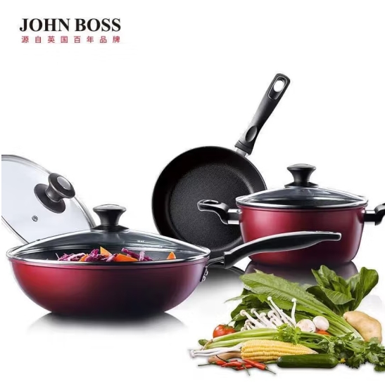 JOHNBOSS炫彩鍋具三件套 煎炒鍋平底鍋 燉煮湯鍋HG-T0223
